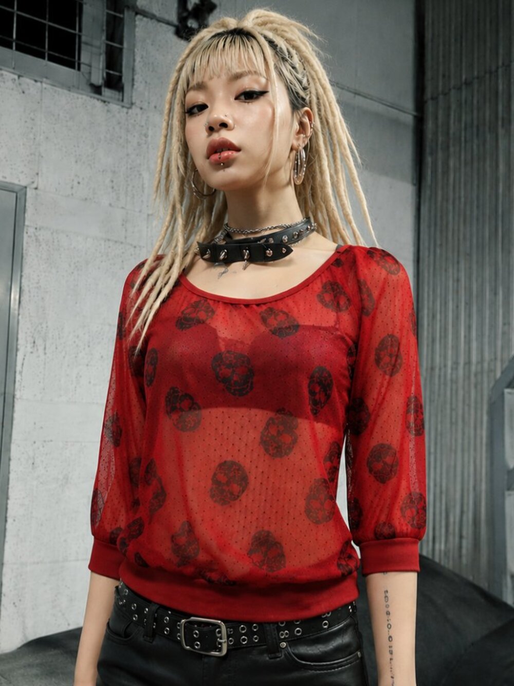 EYELASH COUTURE Sugar Skull Sheer Red Blouse XS Goth Punk Day of the Dead Top
